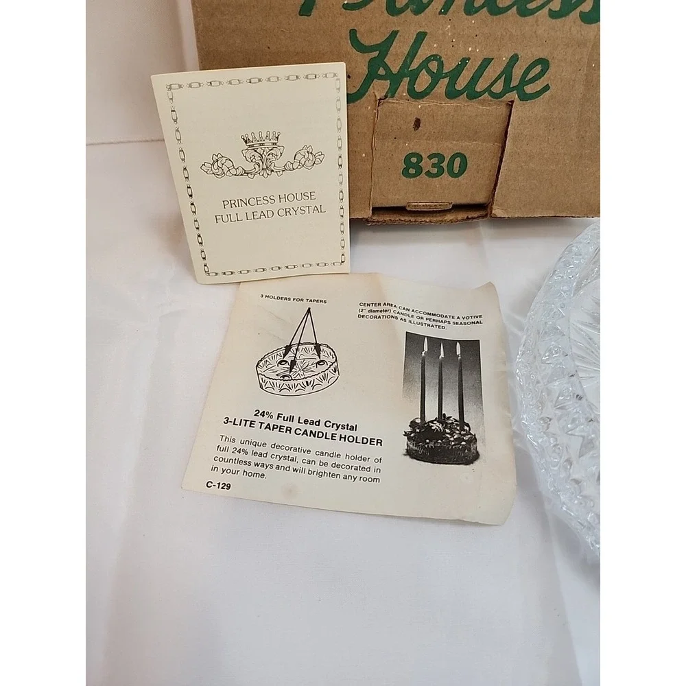 VTG Princess House 24% Full Lead Crystal 3 Lite Taper Candle Holder W/ 6 Candles